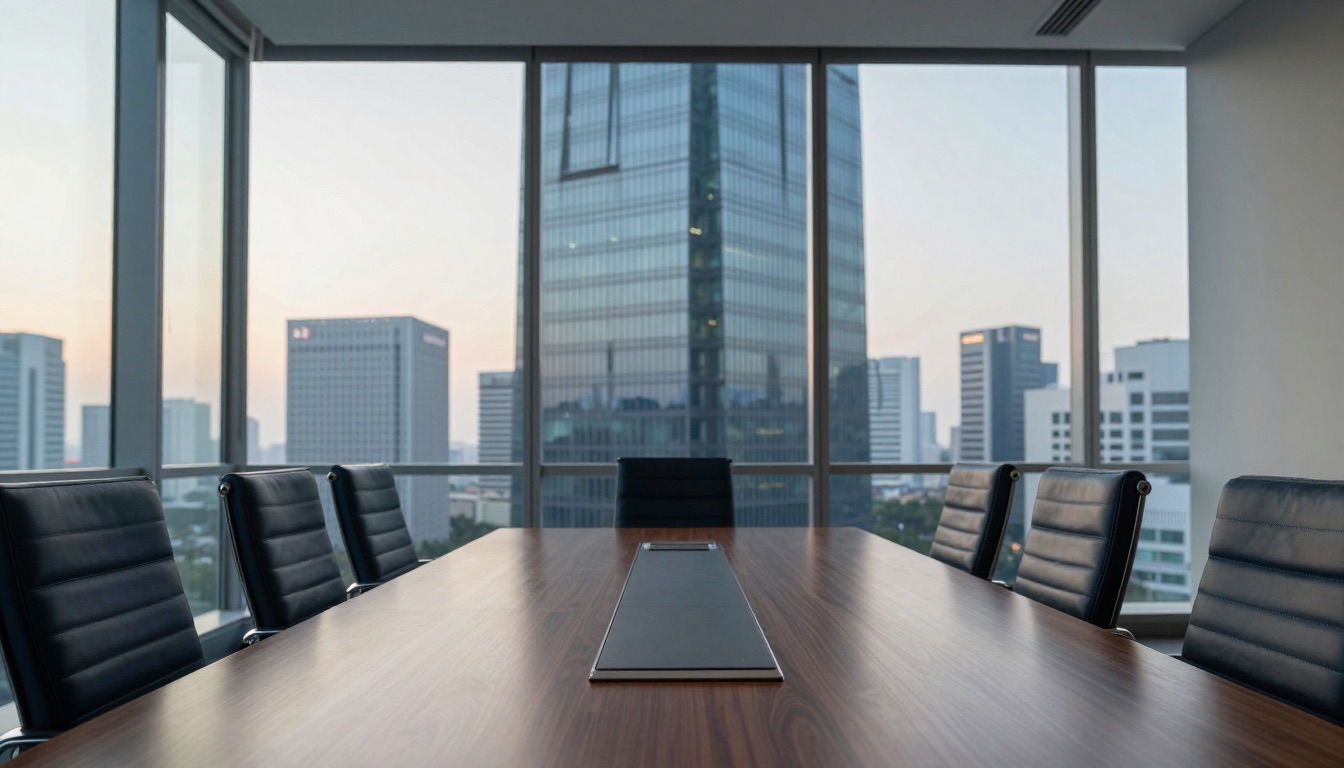 A modern boardroom overlooking a city skyline at sunset