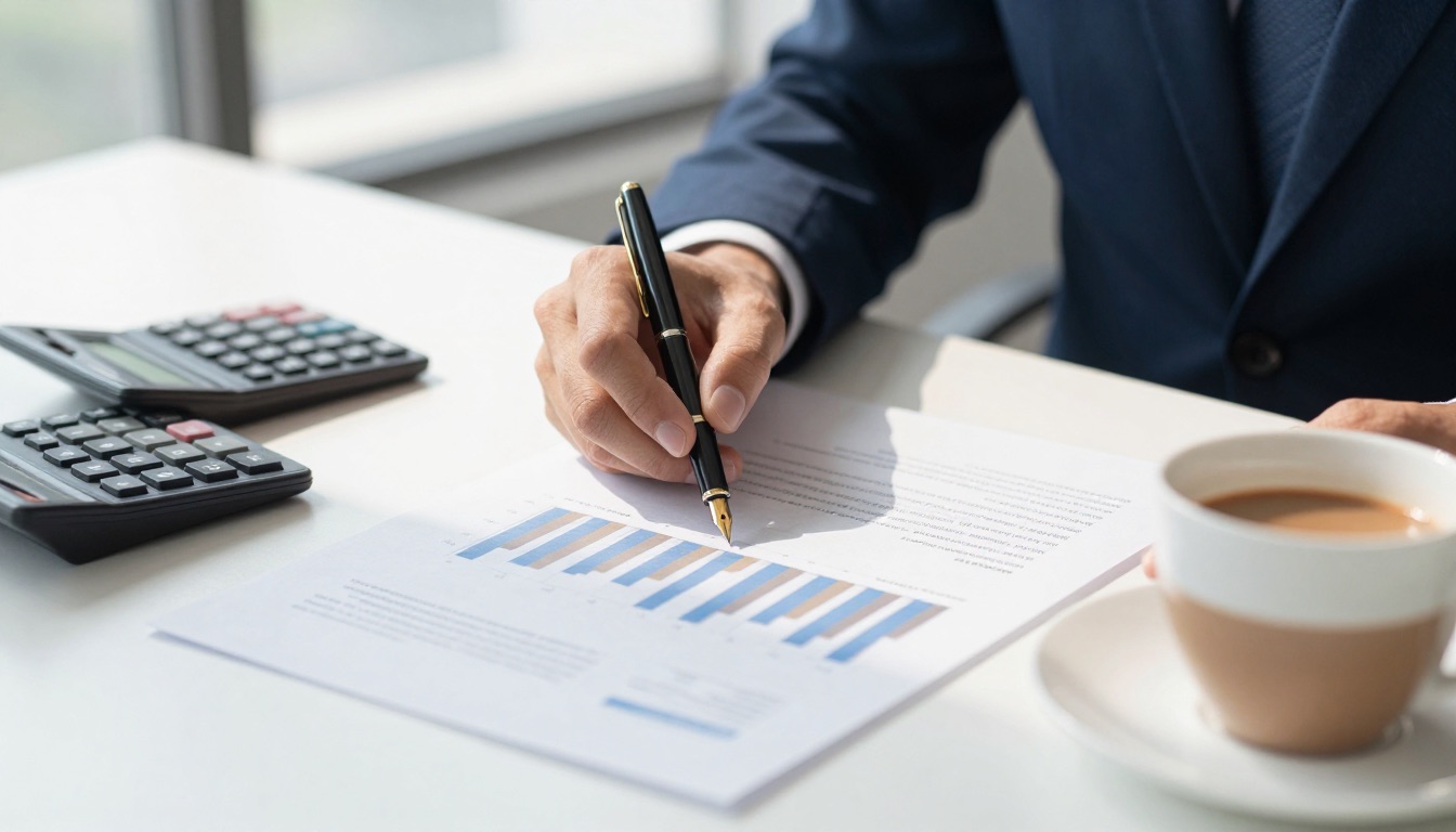 Printed financial reports with charts on a consultant’s desk