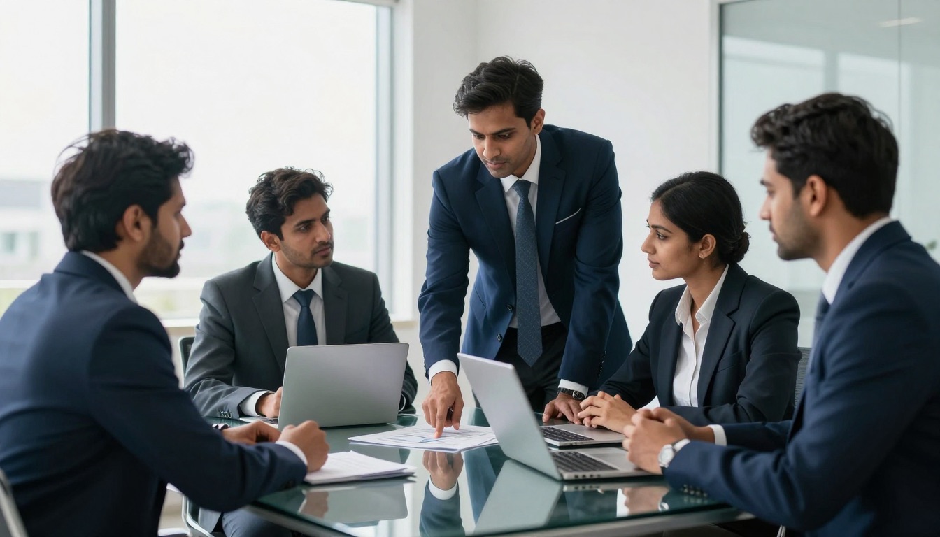 A team of consultants in a strategy meeting around a glass table